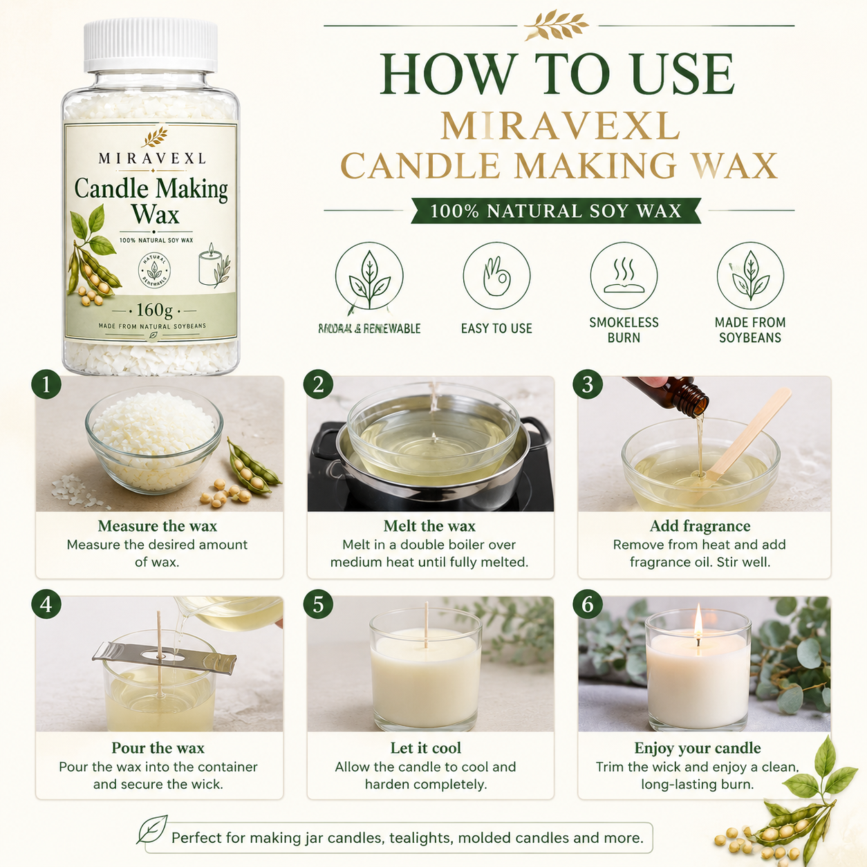MIRAVEXL Soy Candle Wax 160g o - đánh giá và giá Soy Wax Flake